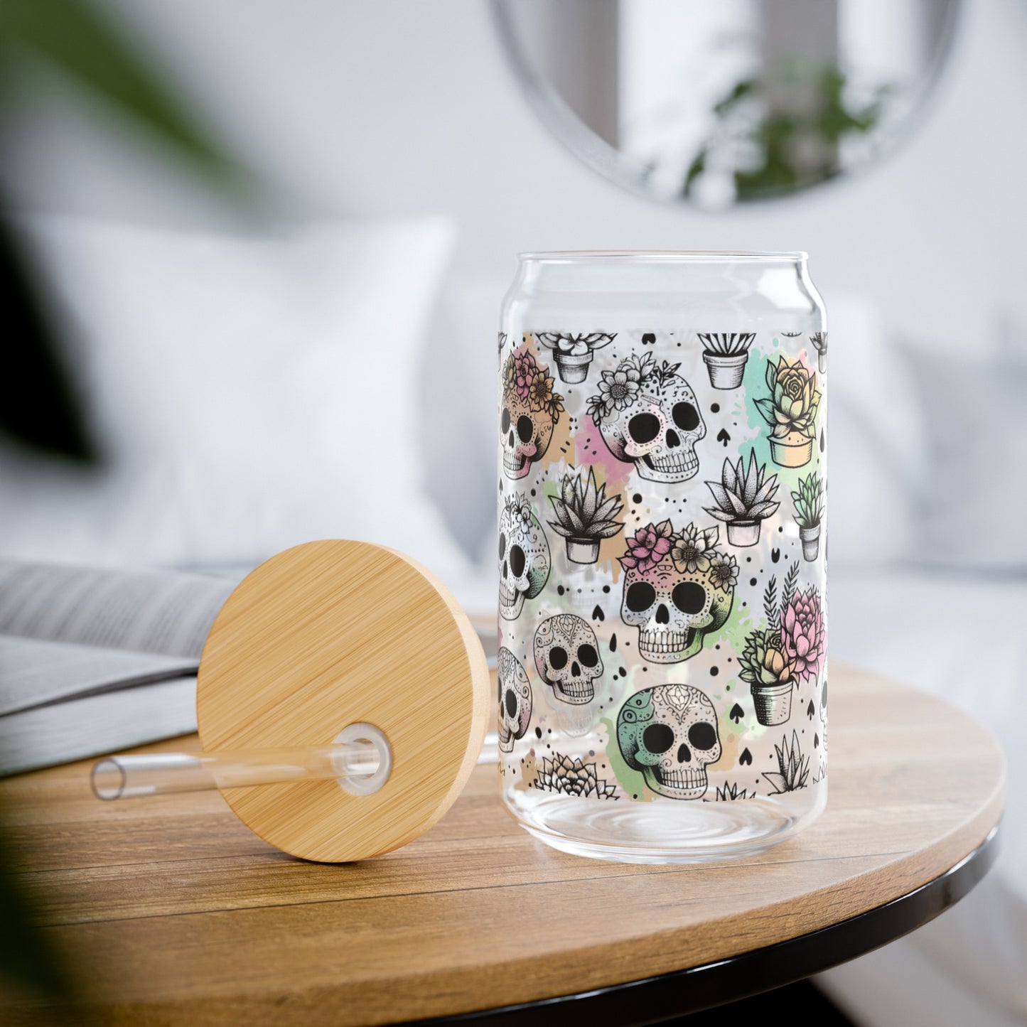 Skull and Plant Watercolor Sipper Glass | Unique Drinkware