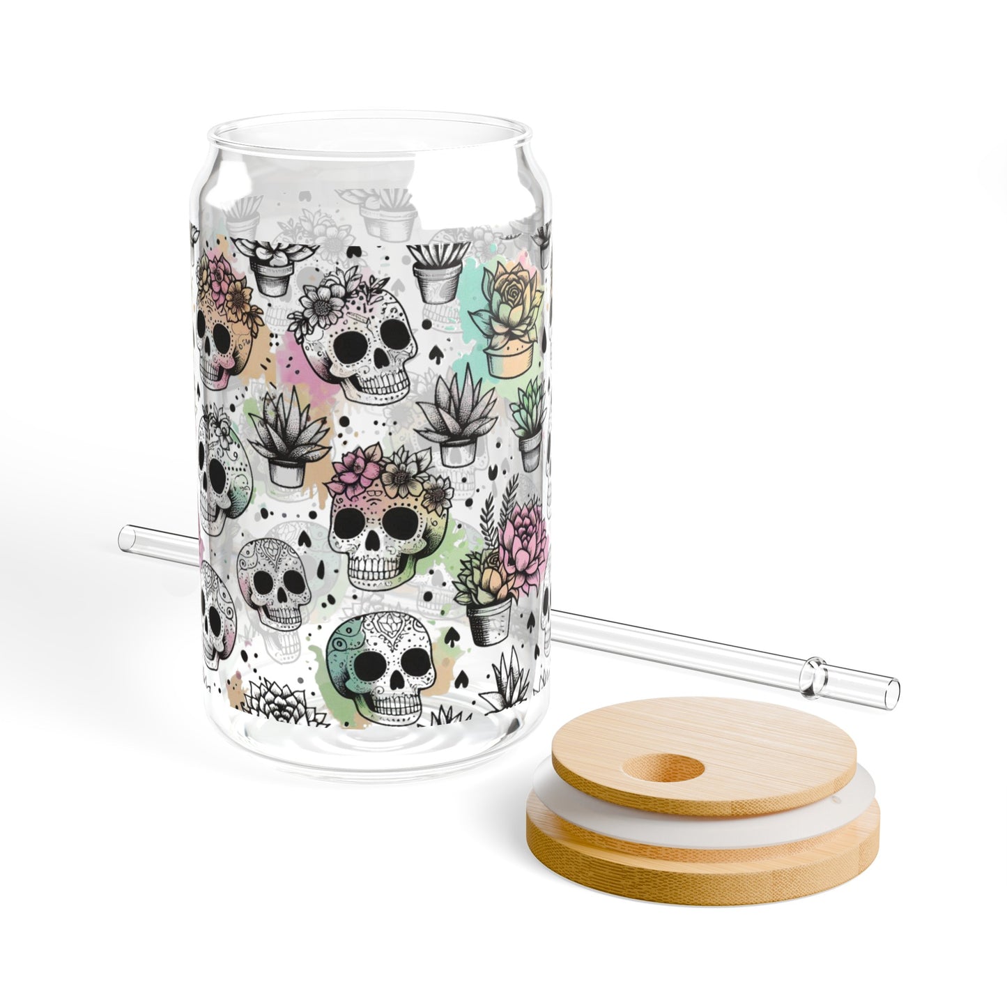 Skull and Plant Watercolor Sipper Glass | Unique Drinkware