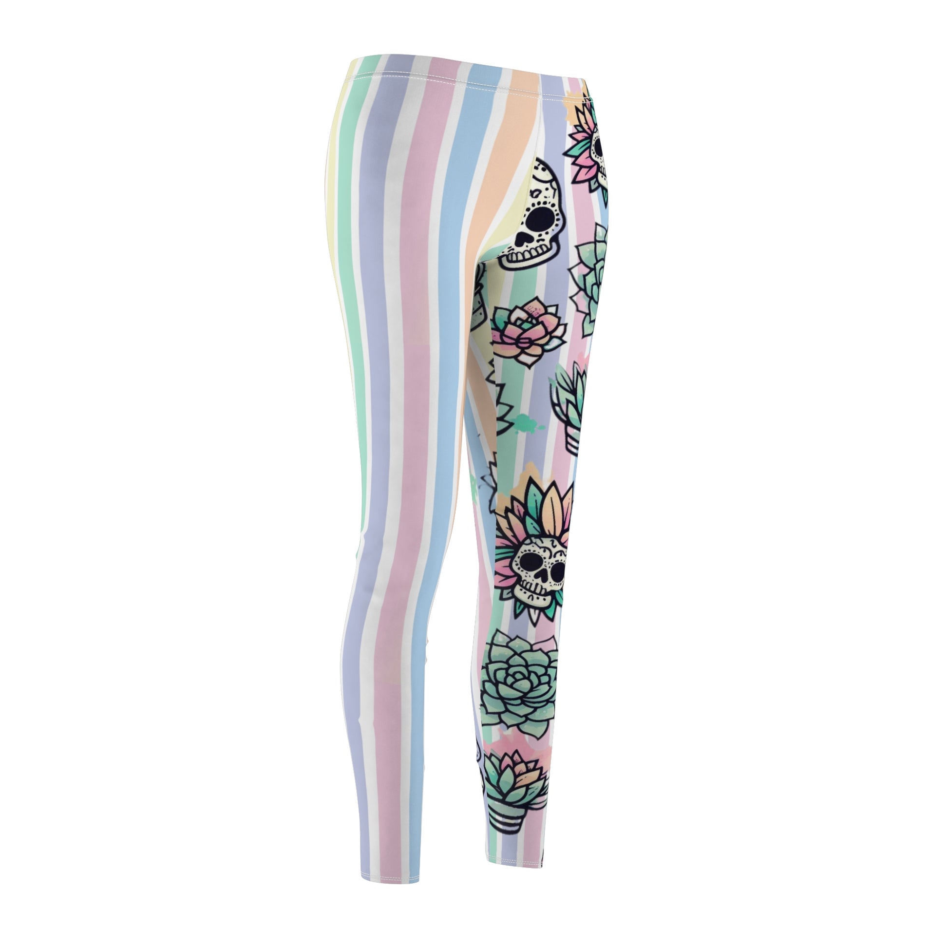 Asymmetrical Pastel Succulent Skull Casual Leggings | Unique Leggings