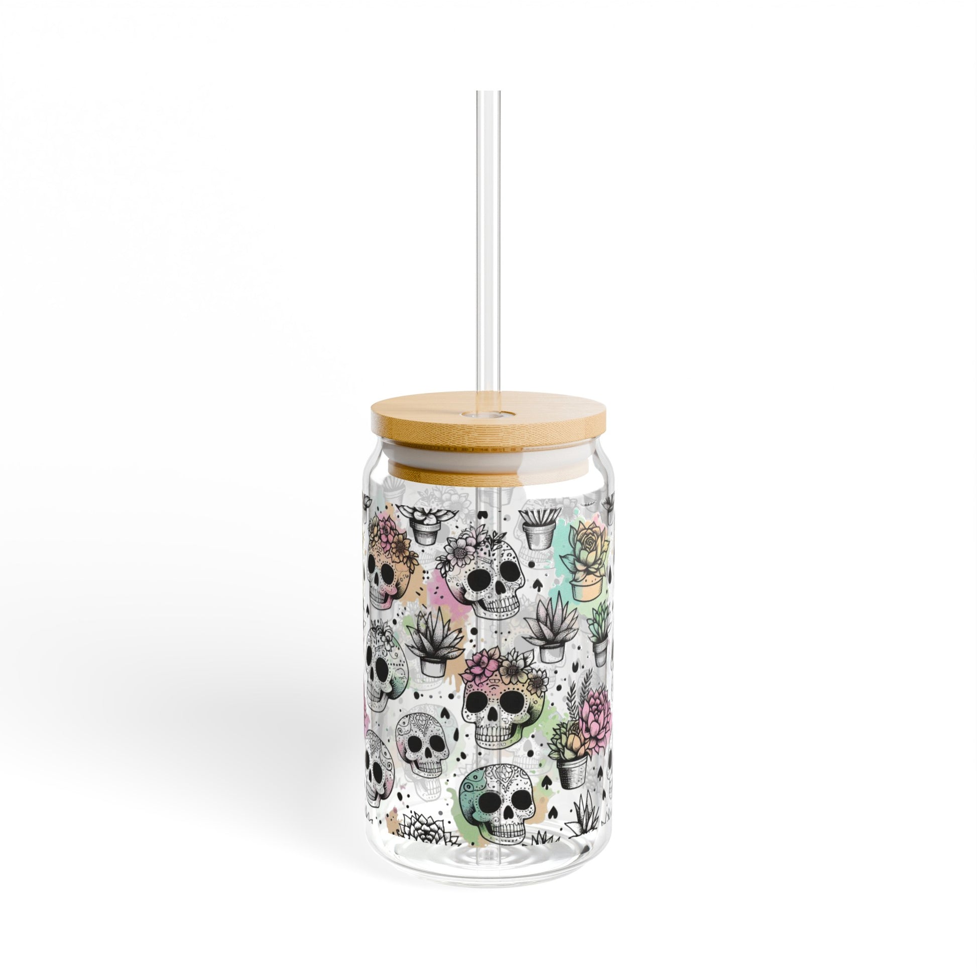 Skull and Plant Watercolor Sipper Glass | Unique Drinkware