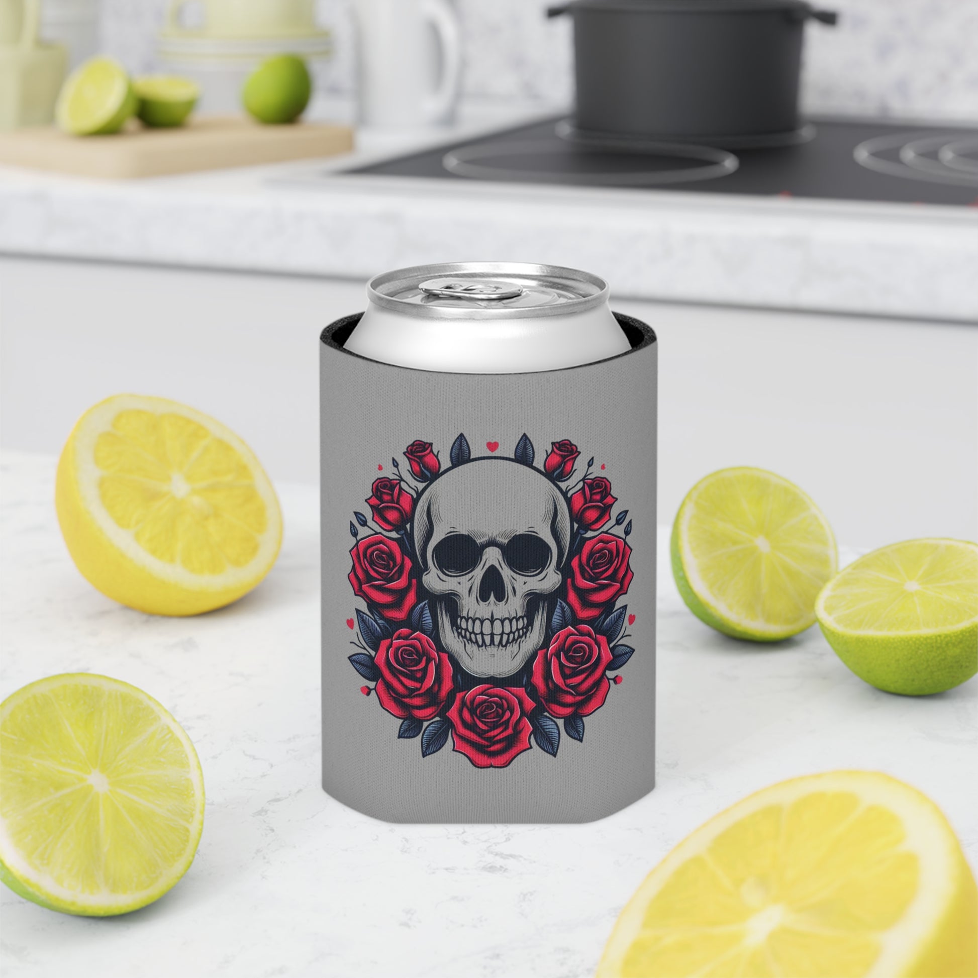 Skulls and Roses Can Cooler | Koozie | Unique Drinkware