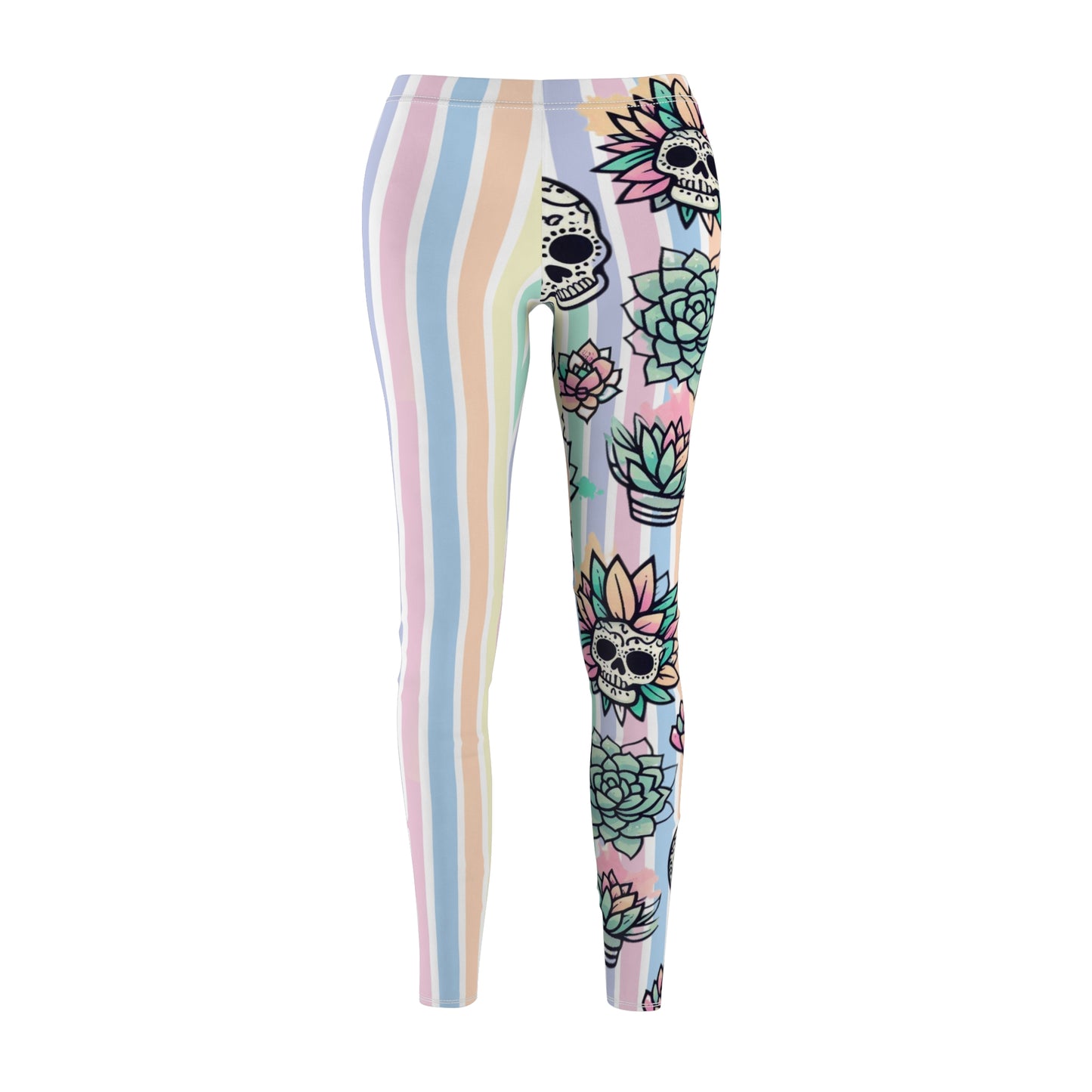 Asymmetrical Pastel Succulent Skull Casual Leggings | Unique Leggings