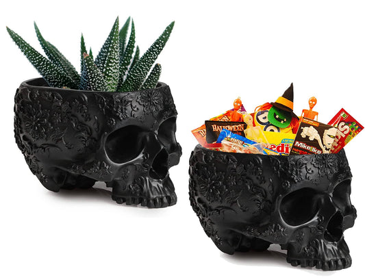 Floral Skull Planter Pot 6" H Polyresin Skull Planter Black