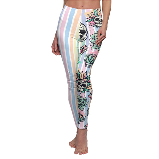 Asymmetrical Pastel Succulent Skull Casual Leggings | Unique Leggings