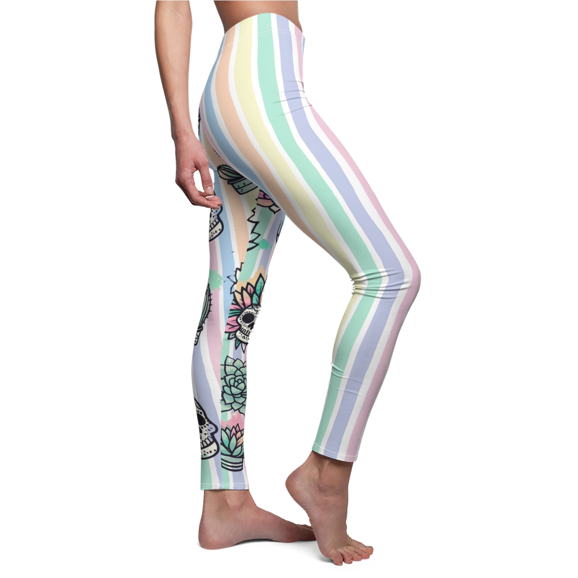 Asymmetrical Pastel Succulent Skull Casual Leggings | Unique Leggings