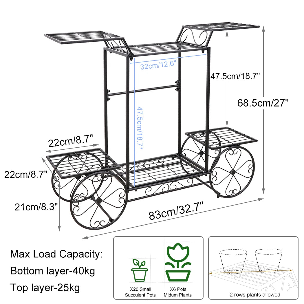 Black Garden Cart Metal 6-Tier Plant Holder | Functional Plant Display