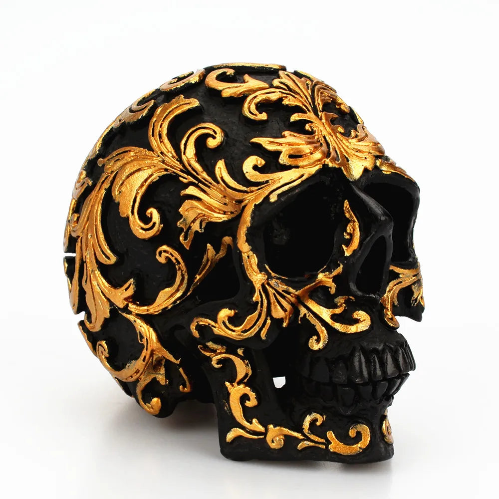 Black/Gold Carvings Skull Head | Elegant & Striking Home Decor