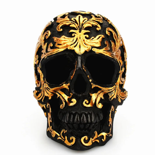 Black/Gold Carvings Skull Head | Elegant & Striking Home Decor