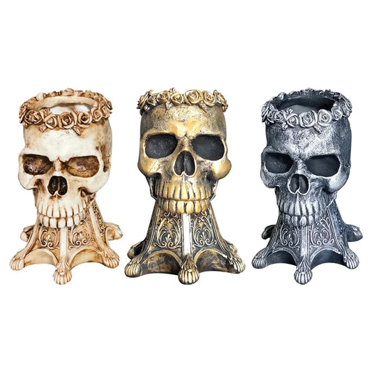 Gothic Skull Head Planter with Crown | White, Gold, or Silver