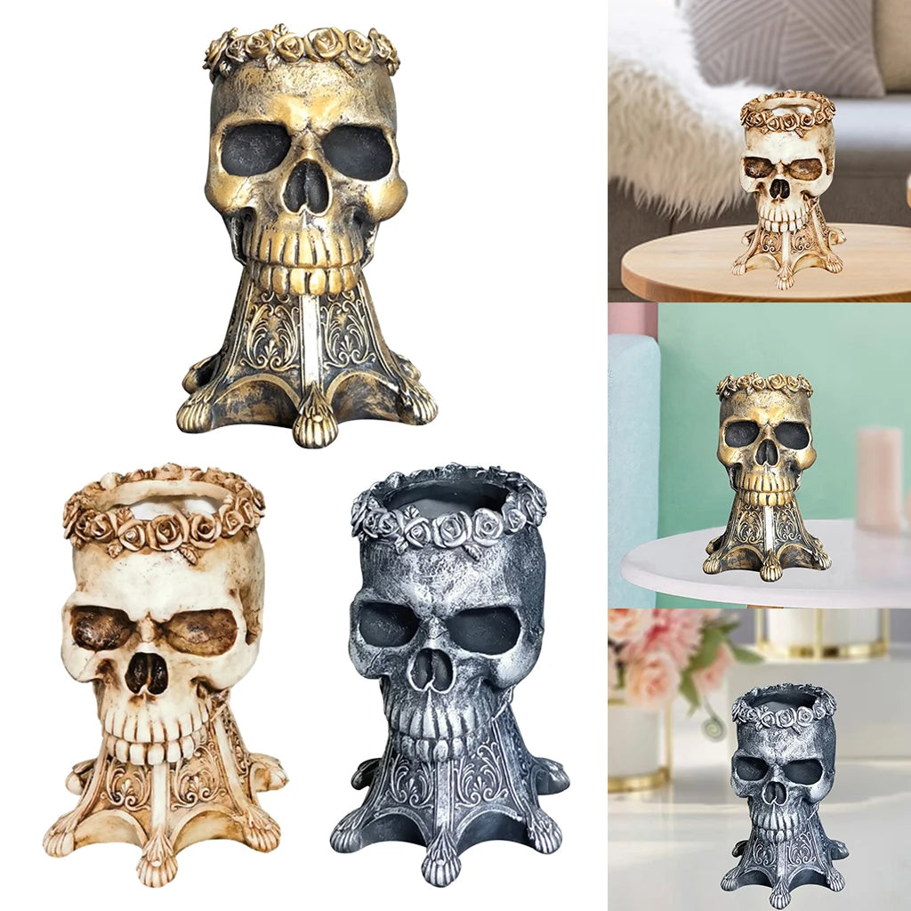 Gothic Skull Head Planter with Crown | White, Gold, or Silver