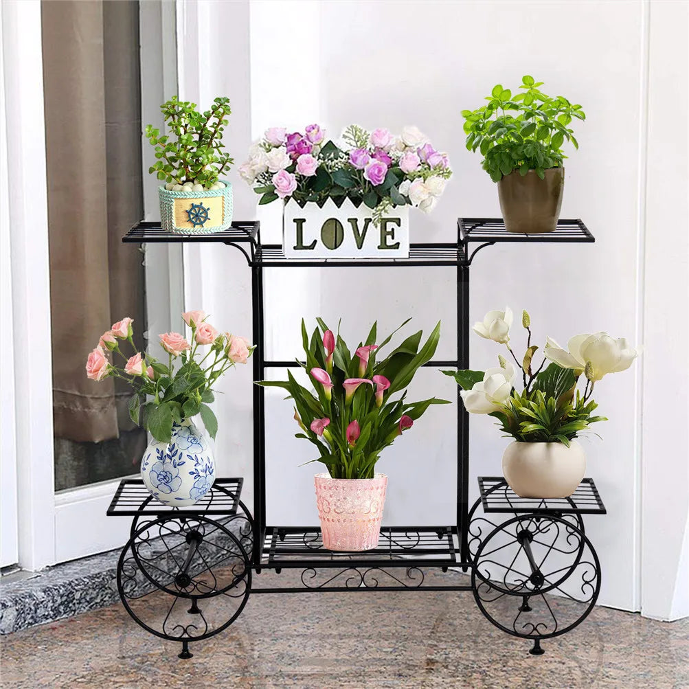 Black Garden Cart Metal 6-Tier Plant Holder | Functional Plant Display