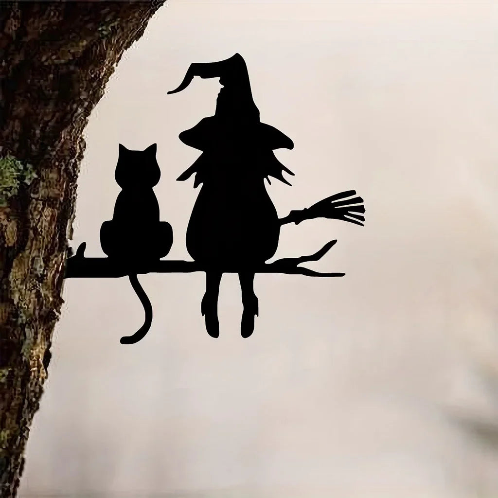 Iron Silhouette Cute Witch And Cat Garden Stake