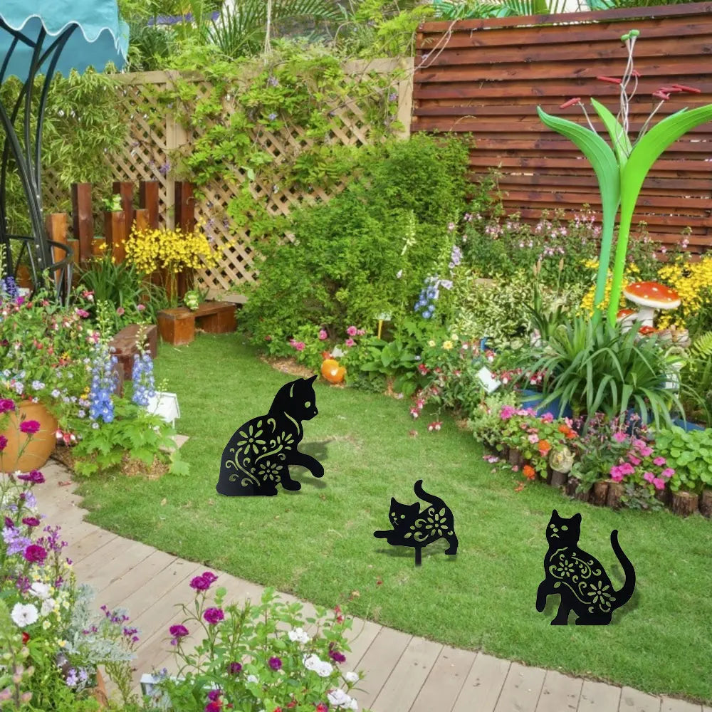 3PCS Black Cat Garden Silhouette Yard Stakes for Spooky Decor