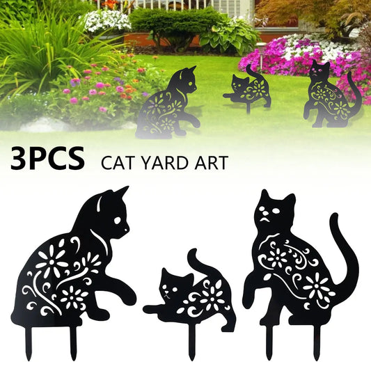 3PCS Black Cat Garden Silhouette Yard Stakes for Spooky Decor