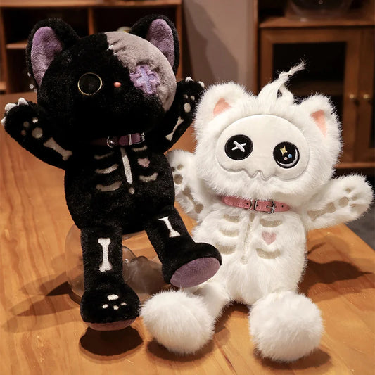 Black or White Gothic Skeleton Cat Plush Toy Stuffed Animal