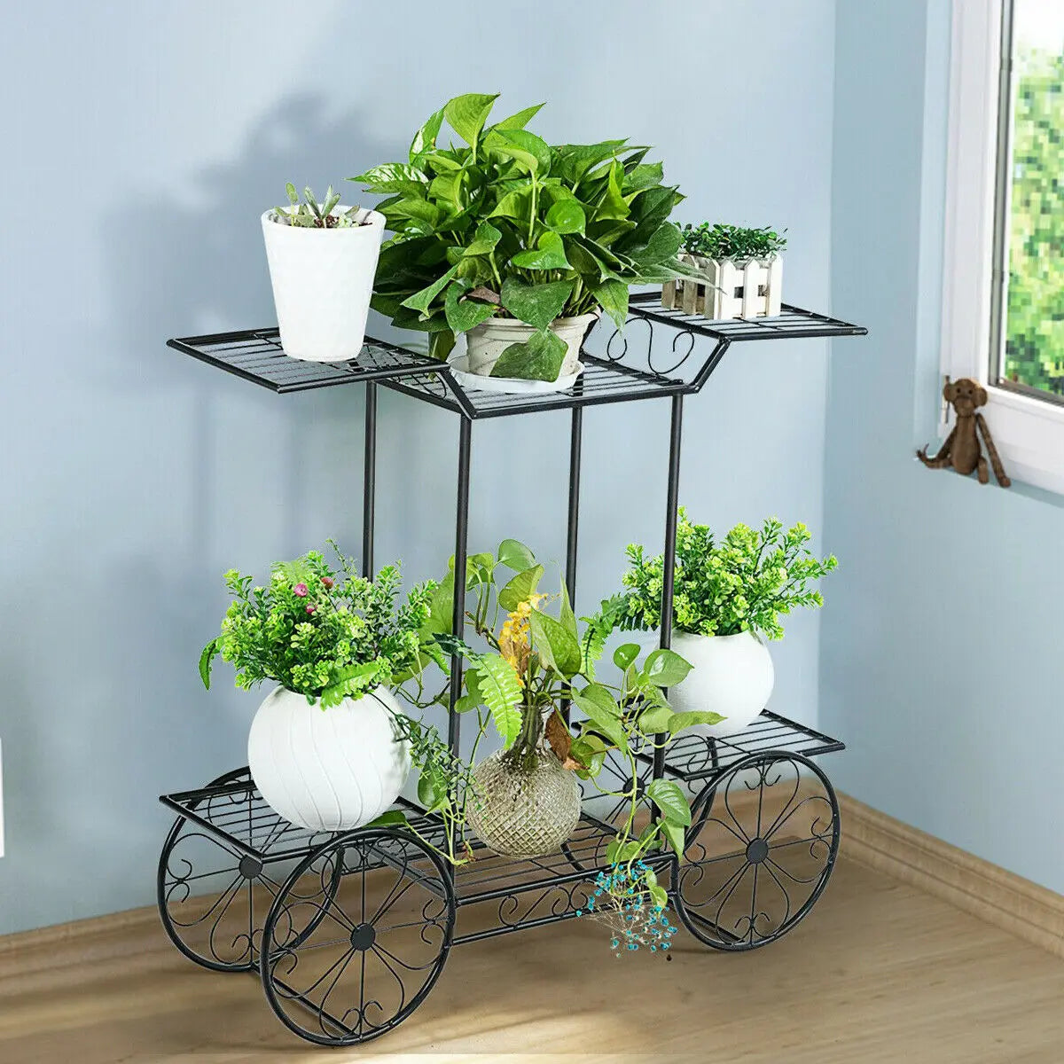 Black Garden Cart Metal 6-Tier Plant Holder | Functional Plant Display