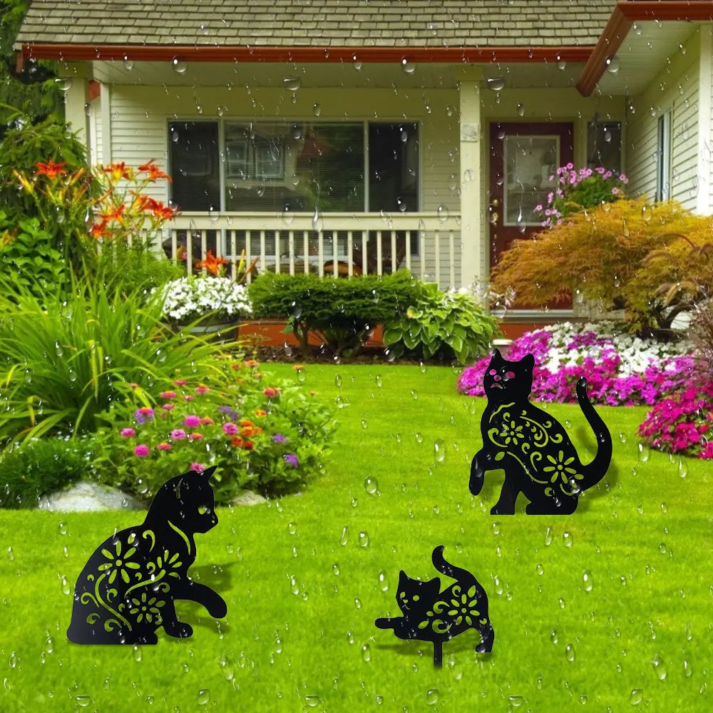 3PCS Black Cat Garden Silhouette Yard Stakes for Spooky Decor