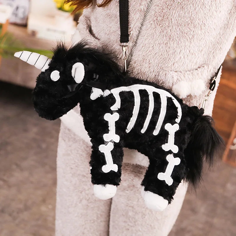 Dark Punk Unicorn Plush Purse Gothic Horse Skeleton Crossbody Bag Black or Pink