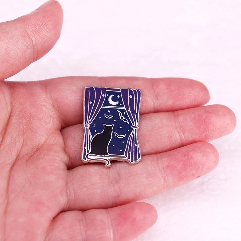 Moonlight Window Black Cat and Bats Enamel Pin