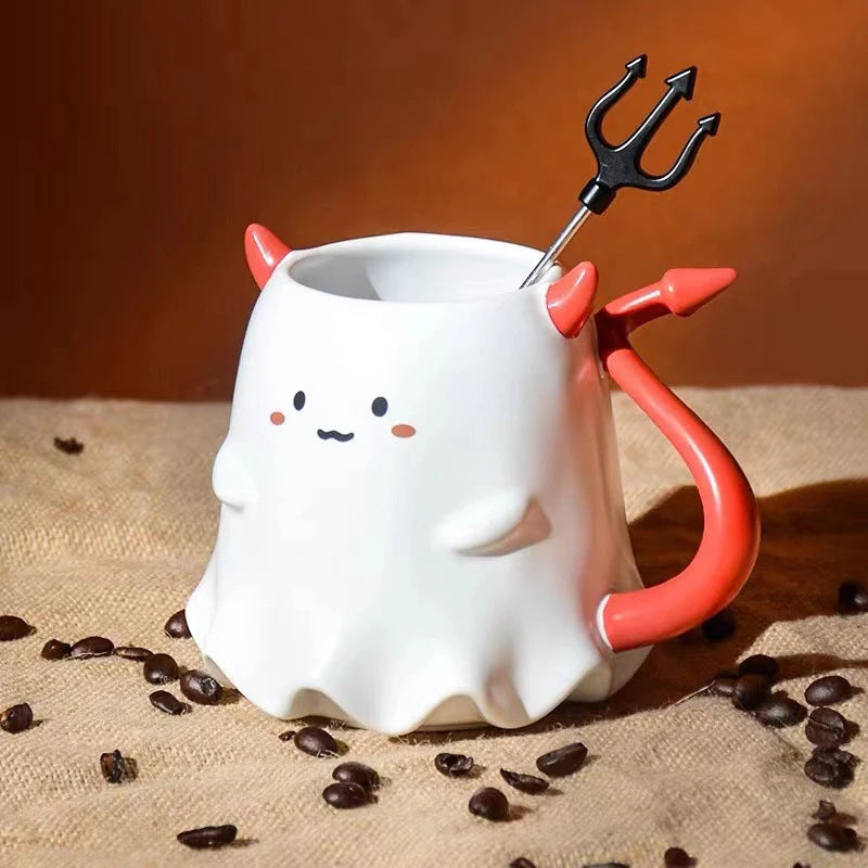 Cute Ghost Demon Coffee Cup with Pitchfork Stir Stick