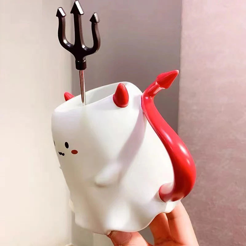 Cute Ghost Demon Coffee Cup with Pitchfork Stir Stick