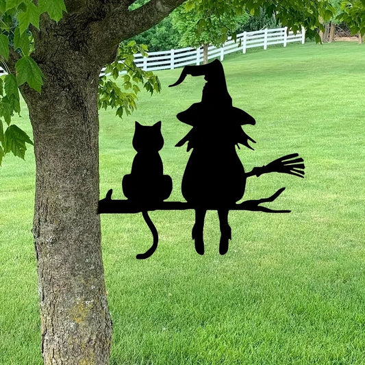 Iron Silhouette Cute Witch And Cat Garden Stake