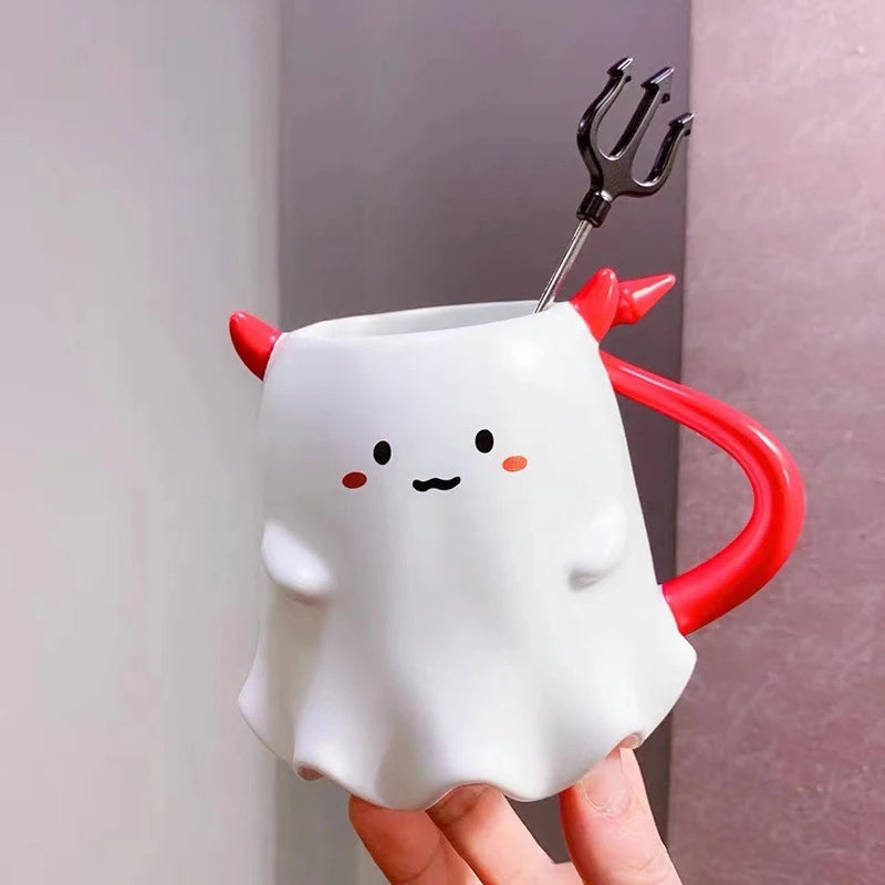 Cute Ghost Demon Coffee Cup w/ Pitchfork Stir Stick