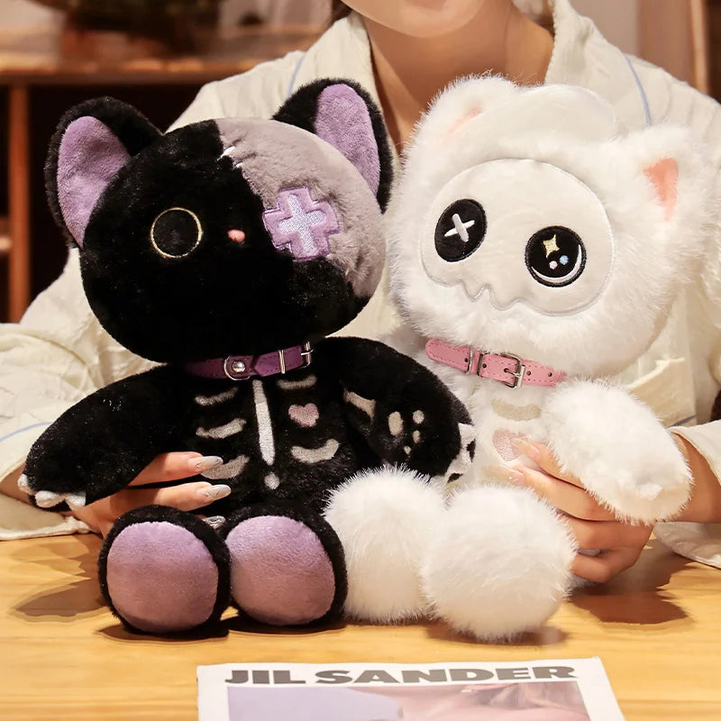 Black or White Gothic Skeleton Cat Plush Toy Stuffed Animal