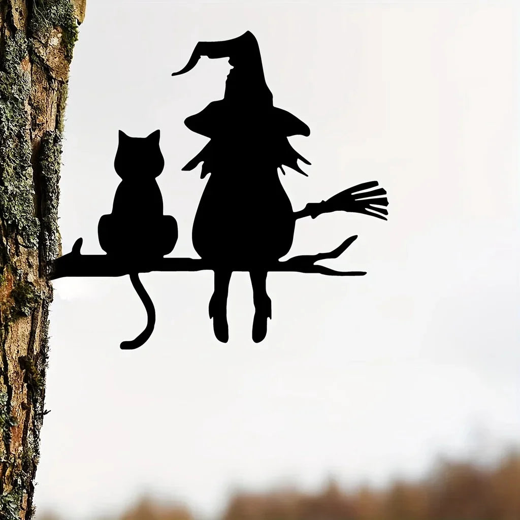 Iron Silhouette Cute Witch And Cat Garden Stake