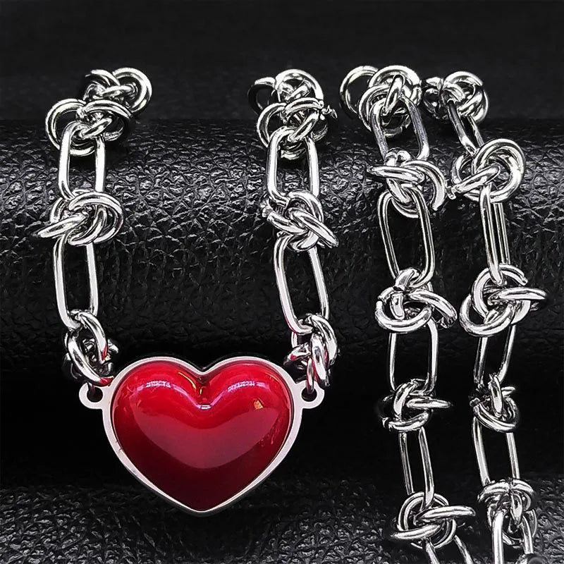 Red Heart Stainless Steel Pendant + Chain Necklace