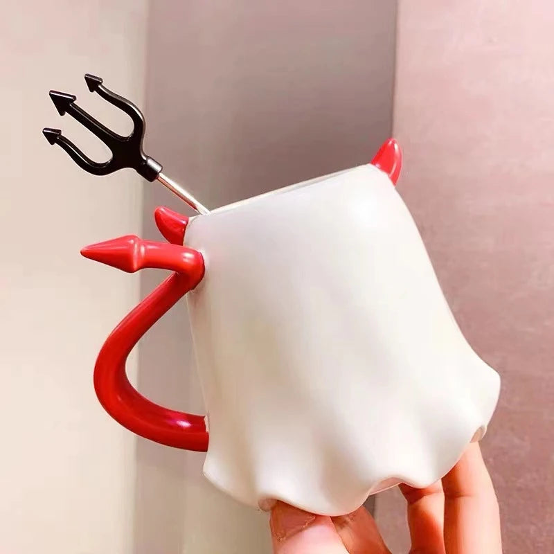 Cute Ghost Demon Coffee Cup with Pitchfork Stir Stick