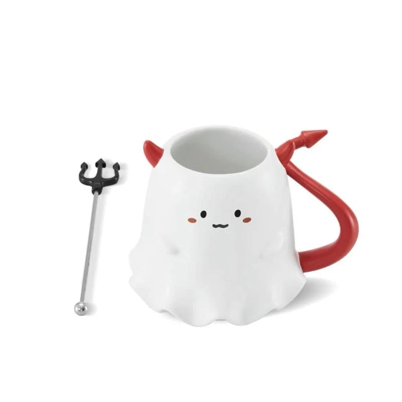 Cute Ghost Demon Coffee Cup with Pitchfork Stir Stick