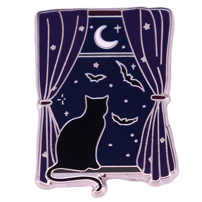 Moonlight Window Black Cat and Bats Enamel Pin