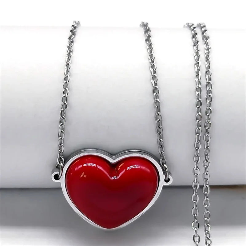 Red Heart Stainless Steel Pendant + Chain Necklace