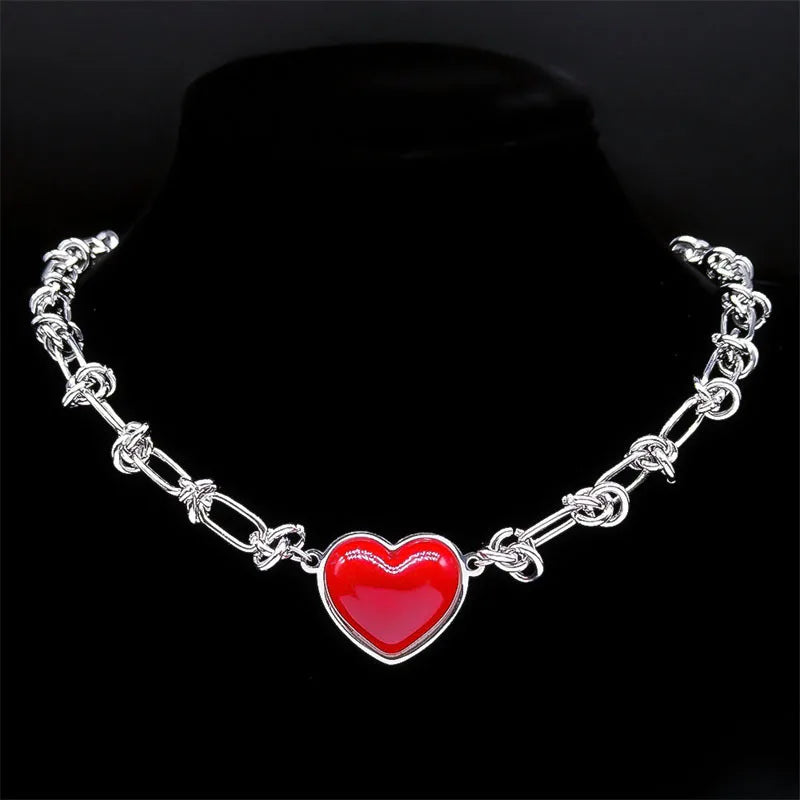 Red Heart Stainless Steel Pendant + Chain Necklace