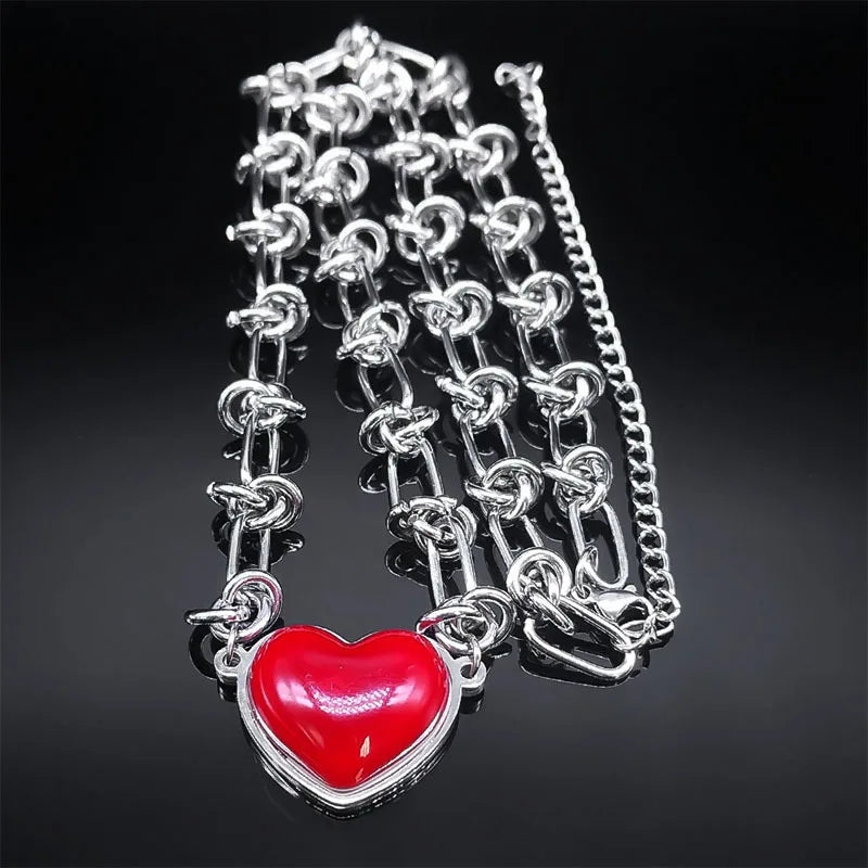 Red Heart Stainless Steel Pendant + Chain Necklace