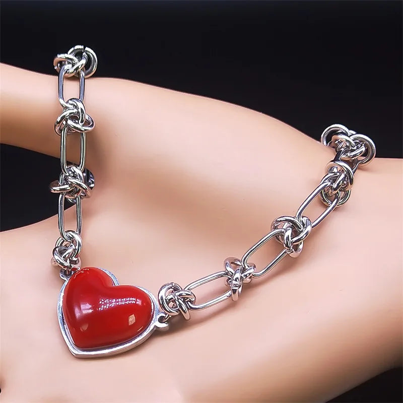 Red Heart Stainless Steel Pendant + Chain Necklace