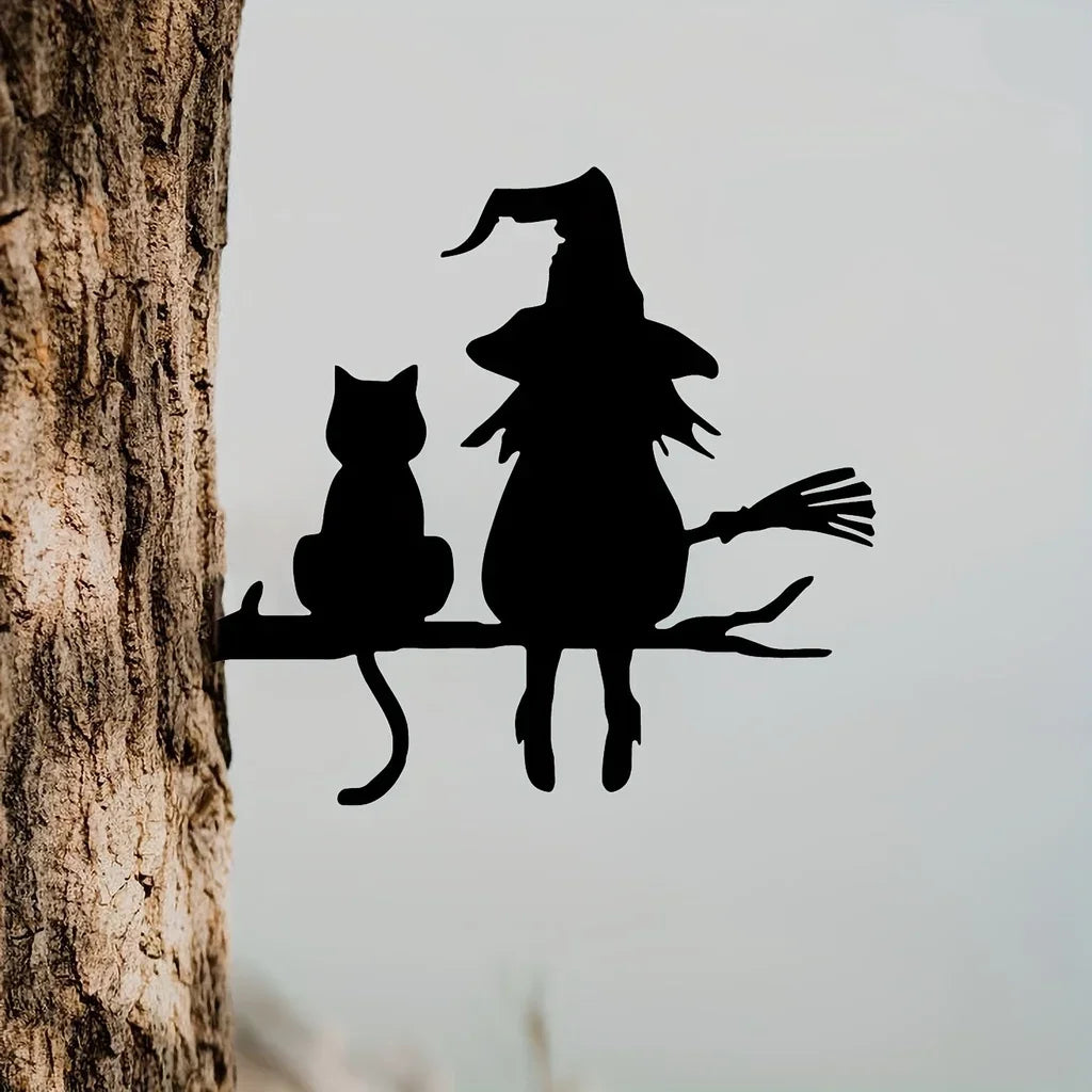 Iron Silhouette Cute Witch And Cat Garden Stake