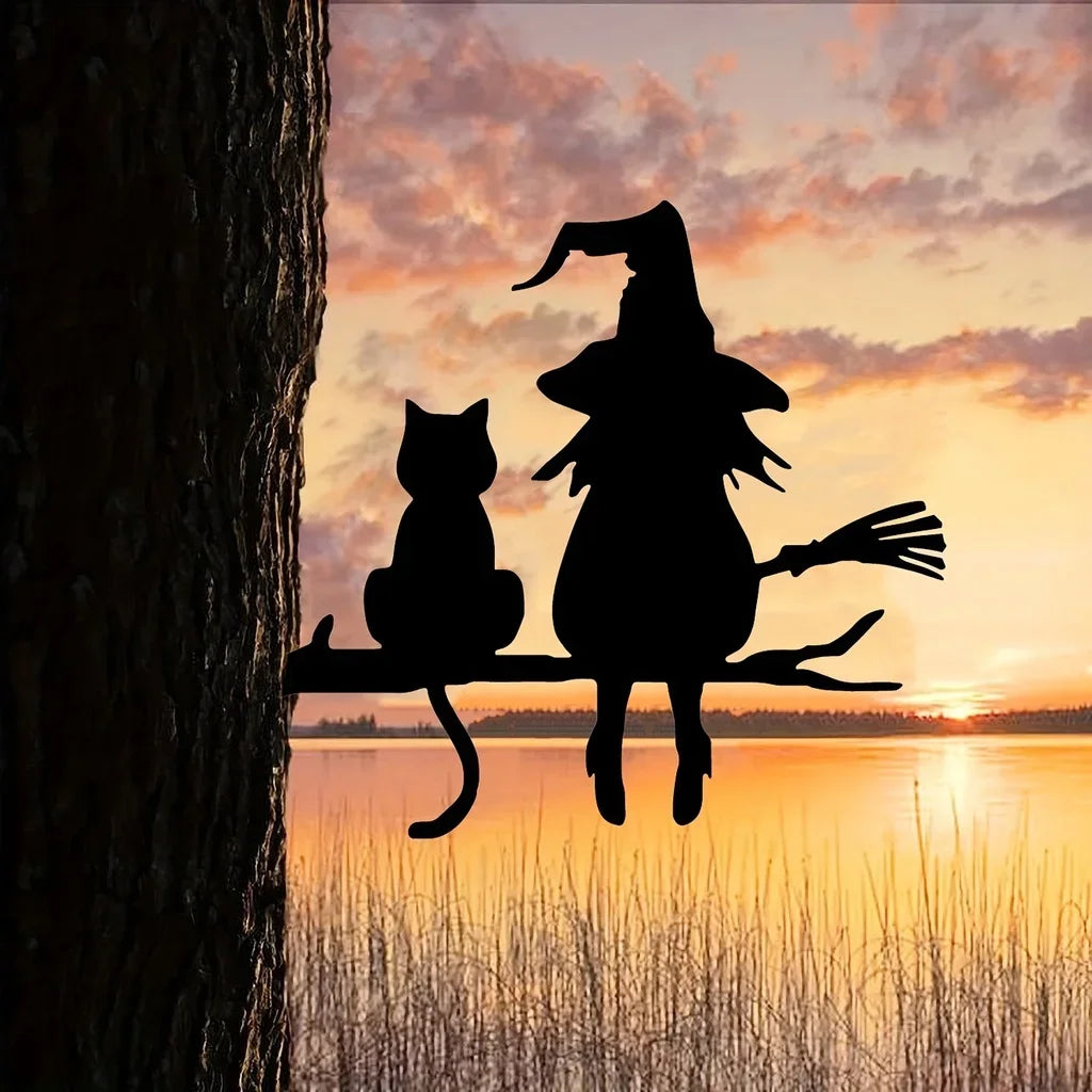 Iron Silhouette Cute Witch And Cat Garden Stake