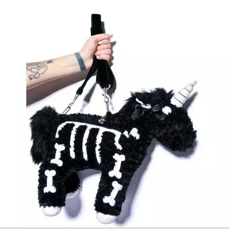 Dark Punk Unicorn Plush Purse Gothic Horse Skeleton Crossbody Bag Black or Pink