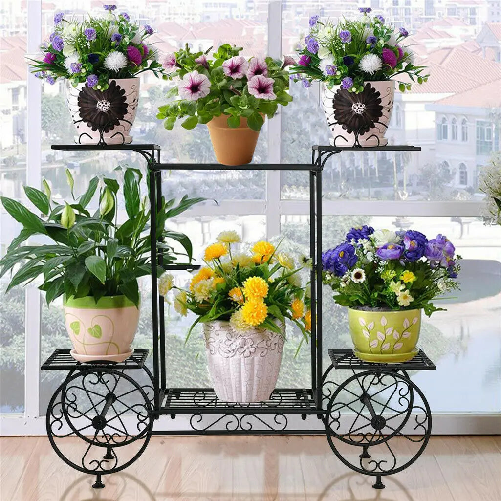 Black Garden Cart Metal 6-Tier Plant Holder